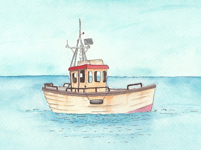 Three Hour Tour blue boat gouache illustration ocean painting water