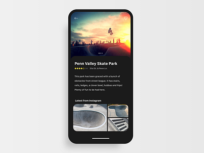 Skate Park Locator UI - Dark Mode app design location app mobile skateboarding ui ux