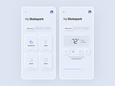 Skatepark IoT Neumorphic UI app design iot mobile neumorphic skateboarding ui ux