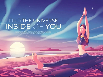 Find the Universe Inside of You beach beautiful cmyk concept hanumanasana illustration landingpage morning yoga peaceful poster shore sky sunrise vectorart yoga