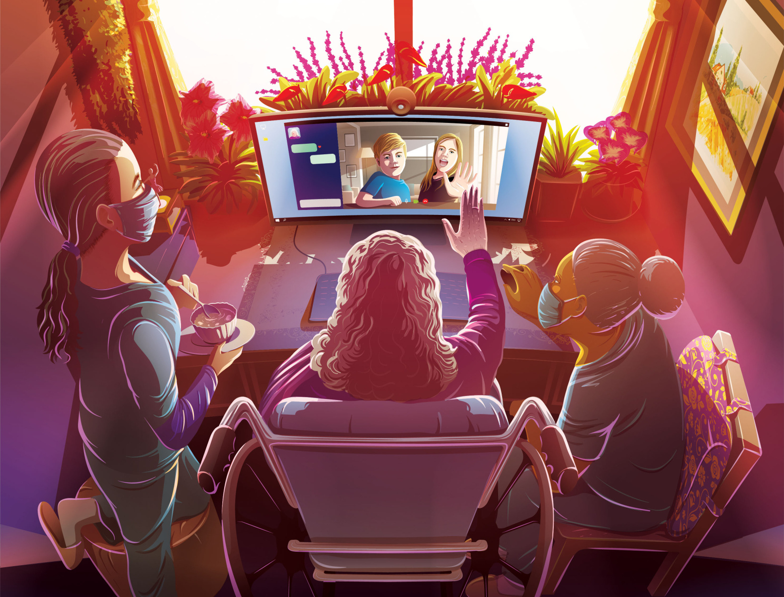 Connected Healing artist4longtermcare care care workers connected elders illustration internet long-term care medical workers nurse nursing home vectorart video call