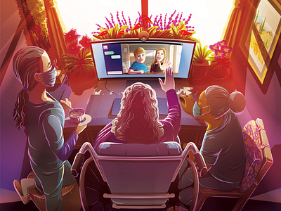Connected Healing artist4longtermcare care care workers connected elders illustration internet long-term care medical workers nurse nursing home vectorart video call