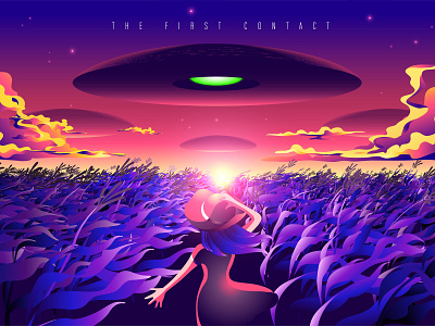 The First Contact alien art contact corn field extraterrestrial farm first contact girl gradient human illustration intelligent being intelligent life mothership science scifi spaceship ufo vector visitor