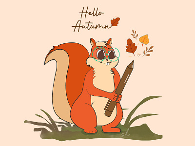 Squirrel Illustration, Hello Autumn