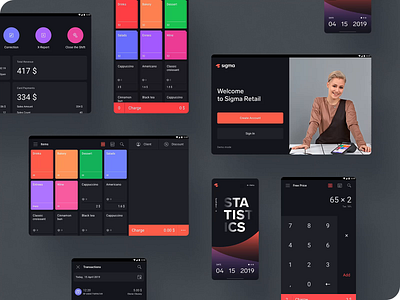 Sigma Point of Sale android animation bill cards cash register checkout dark dark theme dashboard payment pos sign in tablet ui ux