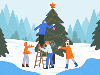Friends have fun on Christmas character christmas cozy flat friends have fun holiday illustration landscape mountains people vector winter