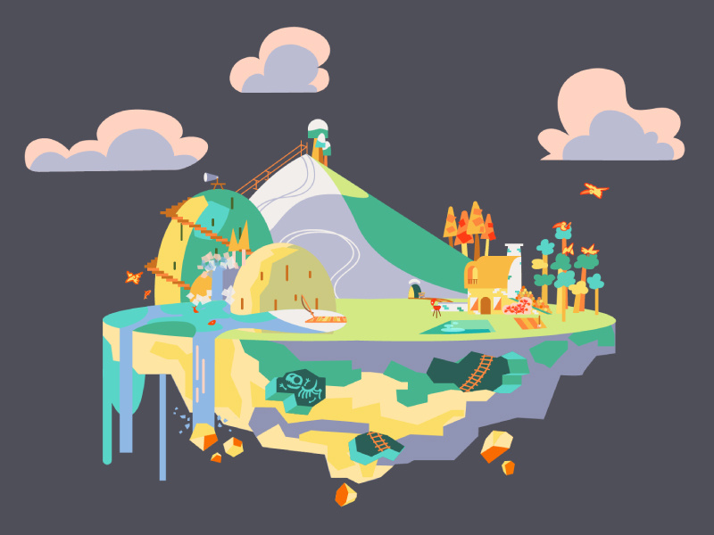 Island illustrator clouds yellow green flat lake mountain skeleton dinosaur house island background