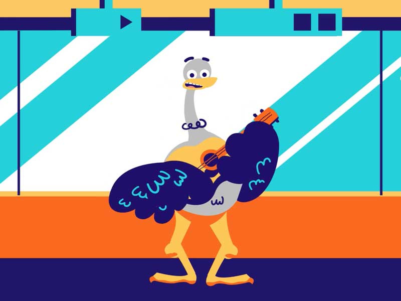 Singing Ostrich orange navy simple illustrator flat design character clean guitar animation ostrich