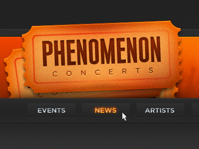 Concert Site Logo & Nav Treatment gotham orange texture ticket stub