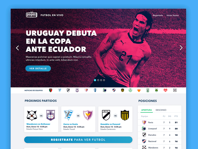 Poipes Sports Streaming App cavani design duotone futbol landing page soccer app sport app suarez uruguay web 3.0 web app