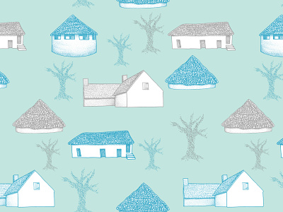 Welsh Huts and Cottages blue cottage design dotwork editorial illustration exhibition gift bag gift box greeting greeting card hand drawn illu home illustration packaging design pointilsim st fagans trees wales welsh culture welsh language