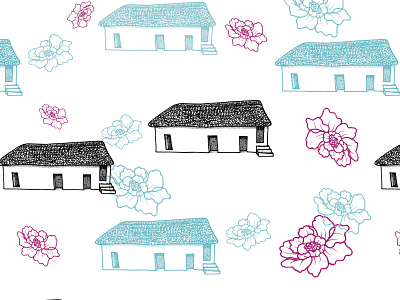 Welsh Cottage Pattern blue cottage dotwork editorial illustration floral floral art floral background floral design flower gift bag greeting card hand drawn home house pink pointilism st fagans stippling wales welsh