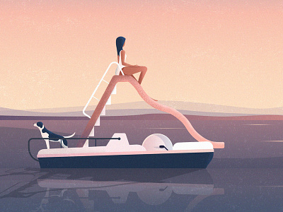 Girl and dog on pedal boat at sunset bike boat dog girl illustration ocean pedal reflection sea slide sunset water waterfall waterslide woman