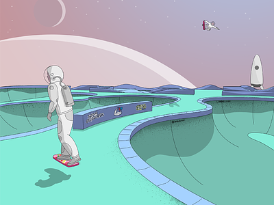 "Low G Floaters" astronaut design drawing illustration moon planet skate skatepark space spaceship vector