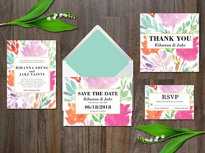 Watercolor flower wedding suite invitation template