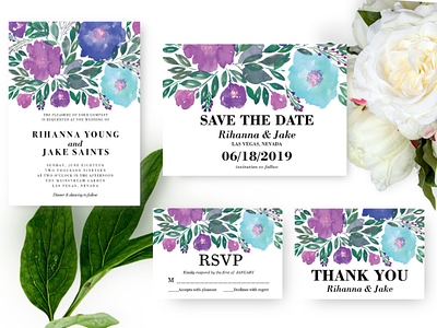 Wedding Invitation design floral hand painted flowers invitation marriage painting rsvp save the date thank you card watercolor wedding invitation