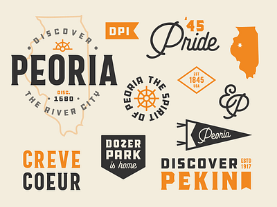 Discover Peoria Typographic Elements badge brand branding icon typographic typography vintage visual identity