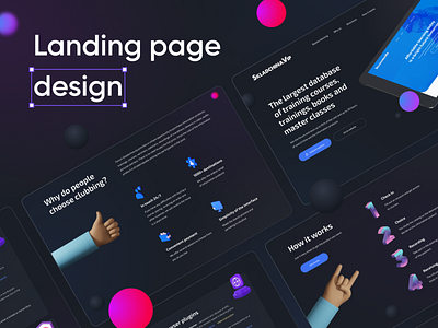 Landing page design 3d abstract balls color courses dark geometic hands landing page product uidesign uiux webdesig website
