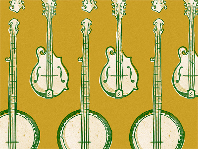 Banjos & Mandos banjo bluegrass country distressed illustration ink instruments mando mandolin music pattern print radio retro rustic vintage woodcut