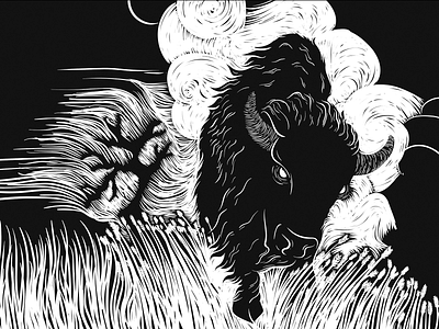 Demon Bison bison buffalo demon illustration jackson linocut prairie print making wood cut wyoming