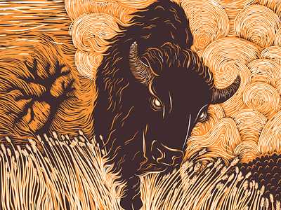 Ghost Bison bison demon ghost illustration jackson linocut prairie printmaking wood block woodcut wyoming