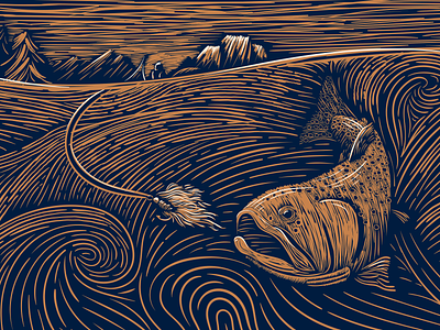 Fly Fishing at Oxbow Bend beer art beer label brewery fly fly fishing illustration jackson linocut lure moran packaging river trout woodcut wyoming
