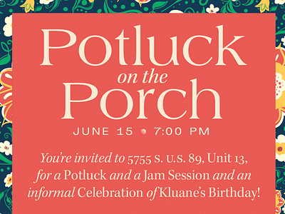 Potluck on the Porch americana flowers invitation invite plants porch potluck summer type typography vintage