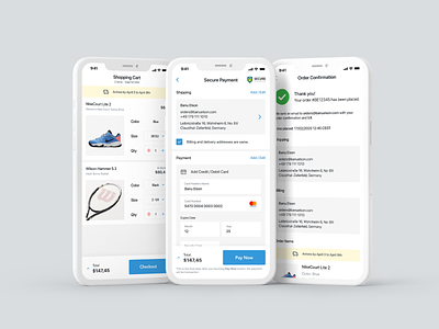 A Checkout Flow address app app design buy card cart checkout ecommerce form order review pay now payment payment form purchase success tennis ui design user experience ux design
