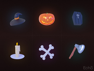 Echo Halloween 3D icons 3d 3d art 3d design axe blender blendercycles bones candle coffin graphic design halloween hat icon illustration pumpkin scary spooky stylized witcher