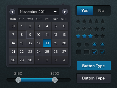 Dark UI Elements button calendar dark elements select slider toggle ui