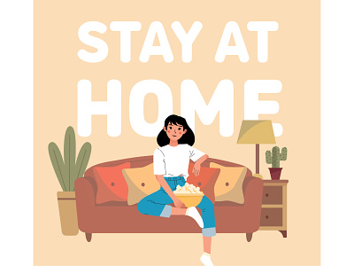 Stay at home covid-19 corona coronavirus covid covid-19 cute design girl happy home house illustration prevention quarantine safe stay at home stay safe stayathome vector