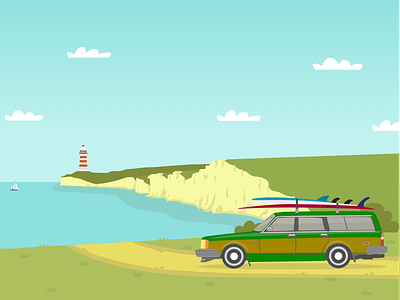 Road tripping lighthouse ocean postcard road sea surfboard surfing volvo
