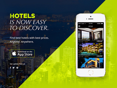 Landing Page — Introduction for Vi-ce, the hotel picker application city coupons debut discount green hotels mobile