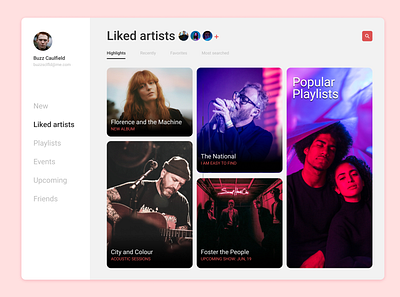 Music App app cards dashboad menu ui