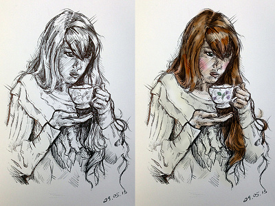 Tea before and after drawing girl illustration ink photoshop portrait sketch wip