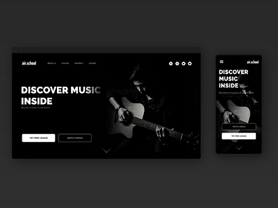 Music School Concept blackandwhite education first screen guitar page person school ui ux web web design