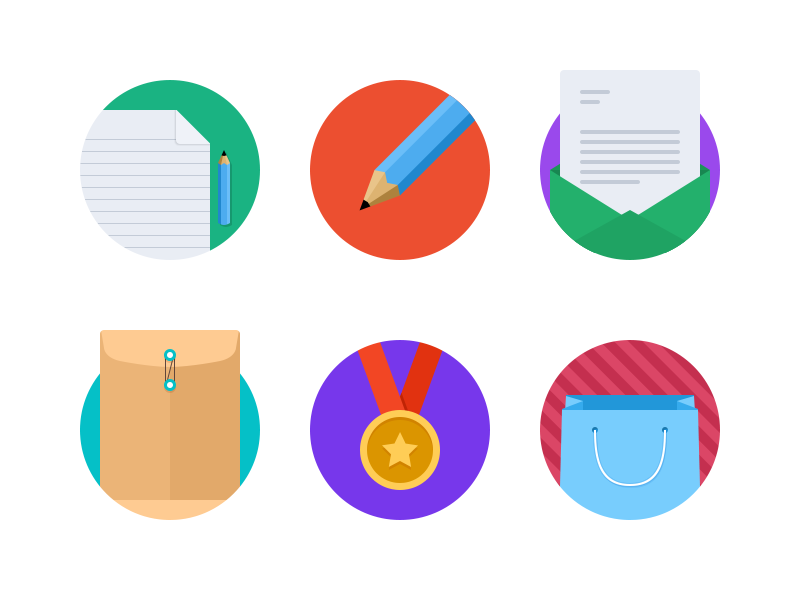 Flat Iconset v1 icons flat round circle document pencil letter mail envelope medal gold shopping bag