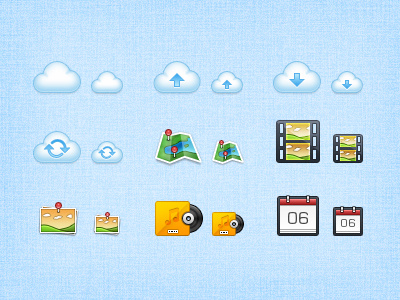 Mantra Icons WIP 32px 48px album calender cloud download icons location map movie music photos pictures sync upload video