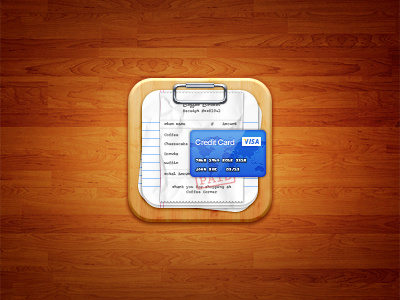 Bill Organizer iOS Icon 144px clipboard credit card icon ios ipad iphone paper receipt wood