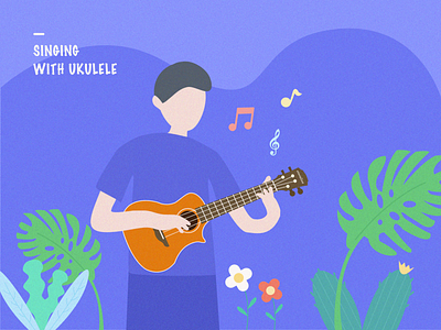 Singing with ukulele app banner design illustration note plants simple singing ui ukulele