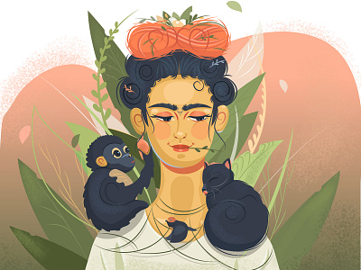 Frida Kahlo cat forest girl girl with animals illustration monkey vector illustration