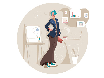 Business woman beige blue hair business woman charts design character desk girl illustrator office work