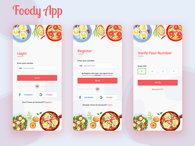 Food App - Log In & Register verify by OTP android app design food app ui food delivery food delivery app ios app design login screen logo otp register signup verification