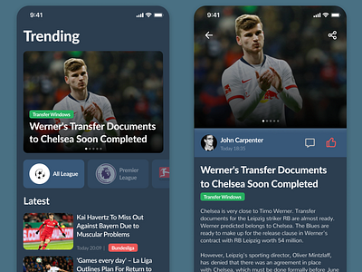 Football News adobe xd app apps dark dark theme dark ui design football news footballs news sport apps sports ui uidesign uiux ux