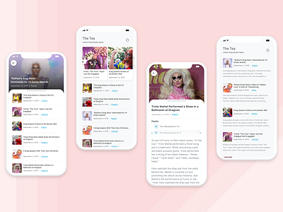 The Tea: Drag Queen News app drag iphonex list mobile news pink product design ui ux wireframes