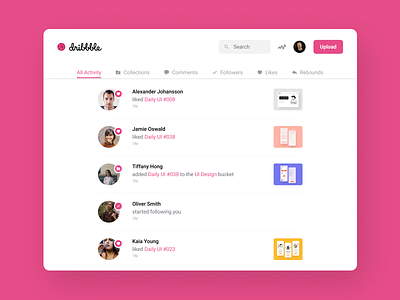 Dribbble Activity Feed Redesign 100 days of ui 100daysofui activity feed daily ui daily ui challenge dailyui dailyuichallenge notifications redesign ui design web design website