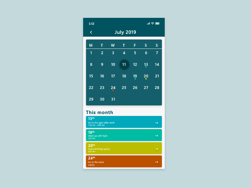 038 - Calendar app ui mobile design mobile ui mobile app design mobile mobile app app front-end front end frontend design ui template ux ui dribble dailyui