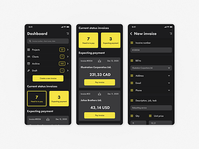 Invoice generator android dark design interface invoice ios mobile pay paycheck ui uiux ux