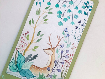 A piece of watercolor card👩🏻‍🎨🌺 2d art card character design deer design forest illustration leaves nature postcard watercolor