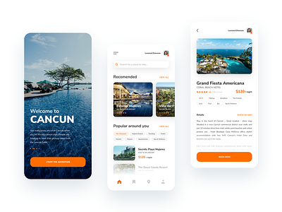 Booking app - concept design app app design bottom menu call to action details page holiday intuitive mobile app photos price recomendation search splash screen stars travel